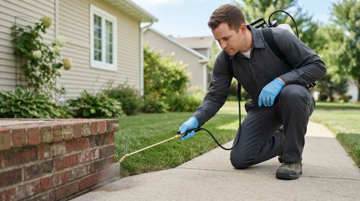 Pest control technician treating a home near North Smithfield, RI